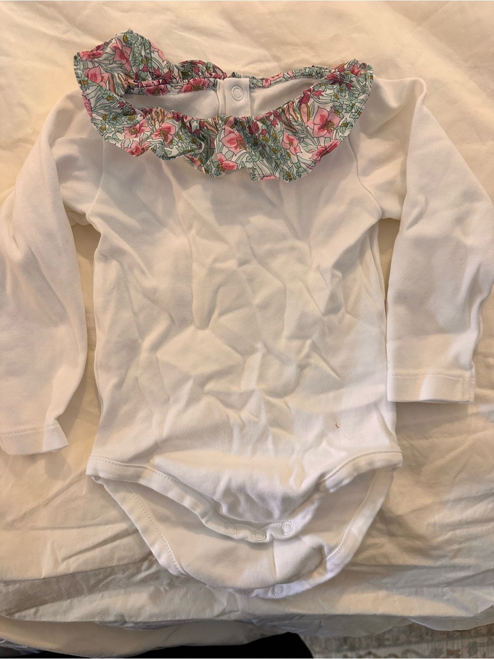 Jacadi White Long-Sleeve Bodysuit with Pink & Green Floral Ruffle Collar